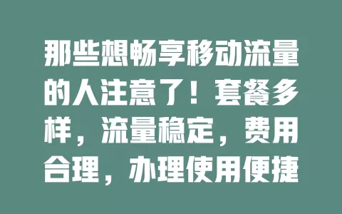 那些想畅享移动流量的人注意了！套餐多样，流量稳定，费用合理，办理使用便捷，移动流量卡是数字生活好帮手