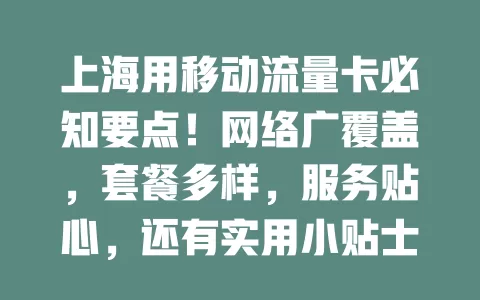 上海用移动流量卡必知要点！网络广覆盖，套餐多样，服务贴心，还有实用小贴士，满足你网络生活需求