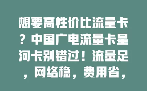 想要高性价比流量卡？中国广电流量卡星河卡别错过！流量足，网络稳，费用省，套餐灵活，办理简便，给你精彩网络体验！