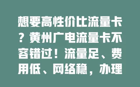 想要高性价比流量卡？黄州广电流量卡不容错过！流量足、费用低、网络稳，办理简便服务好，是你的绝佳之选！