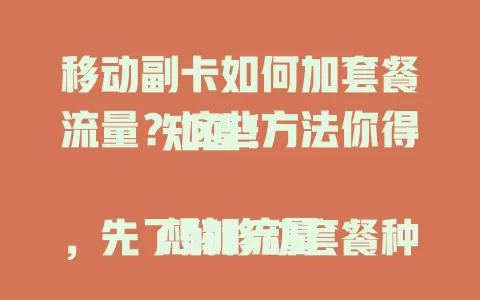 移动副卡如何加套餐流量？这些方法你得知道！

想加流量，先了解移动套餐种类，按需选。可拨客服电话说明需求办理，也能在手机营业厅 APP 按提示操作。若副卡与主卡绑定，主卡变更时副卡流量或调整，详情咨询客服。