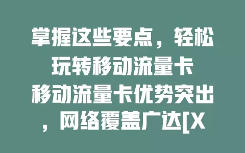 掌握这些要点，轻松玩转移动流量卡

移动流量卡优势突出，网络覆盖广达[X]%，套餐多样，使用便捷。选卡时明确流量习惯，关注有效期等细节，掌握关键信息，畅享移动网络数字化生活