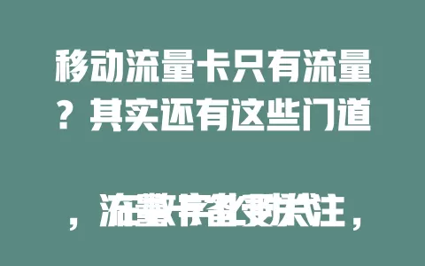 移动流量卡只有流量？其实还有这些门道！

在数字化时代，流量卡备受关注，“移动流量卡只有流量”引热议。它主要提供流量，满足上网需求，但并非单一属性，有增值服务，流量类型也多样，选卡时要综合考虑需求。