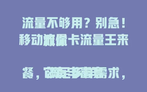 流量不够用？别急！移动流量卡流量王来救你

它有丰富套餐，满足多样需求，网络质量超棒，套餐灵活可选。告别流量焦虑，畅享数字生活，移动流量卡流量王就是你的流量救星