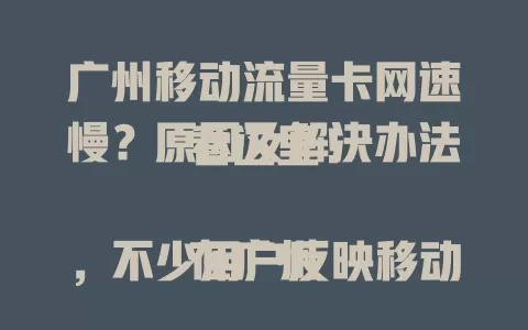 广州移动流量卡网速慢？原因及解决办法看这里！

在广州，不少用户反映移动流量卡网速欠佳。日常使用如刷新闻、查资料卡顿，看视频缓冲久，工作受影响。网速慢或因网络覆盖、卡配置及信号干扰。用户可自查、换地儿或联系客服，运营商也应改进。