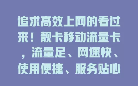 追求高效上网的看过来！靓卡移动流量卡，流量足、网速快、使用便捷、服务贴心，性价比超高！