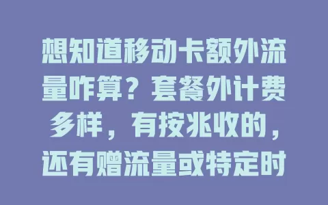 想知道移动卡额外流量咋算？套餐外计费多样，有按兆收的，还有赠流量或特定时段免费等。用卡得关注详情和规则，避免流量费高，合理用流量享便捷服务