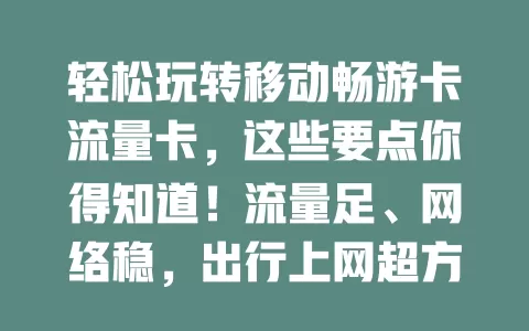 轻松玩转移动畅游卡流量卡，这些要点你得知道！流量足、网络稳，出行上网超方便，还有使用技巧和增值服务，助你畅享网络乐趣
