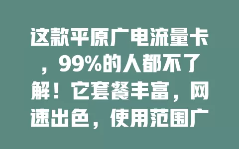 这款平原广电流量卡，99%的人都不了解！它套餐丰富，网速出色，使用范围广，还有贴心客服，能解决你的流量烦恼，快来看看！