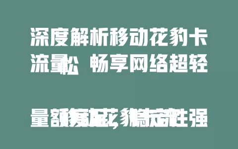 深度解析移动花豹卡流量，畅享网络超轻松

移动花豹卡流量额度足，稳定性强，计费合理。使用时有技巧，还能巧用增值服务。掌握特点与用法，就能在网络世界畅游，尽享数字化便利与乐趣