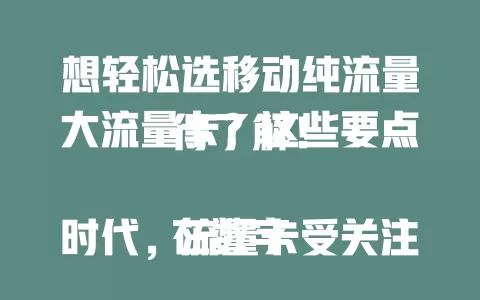 想轻松选移动纯流量大流量卡？这些要点得了解！

在数字时代，流量卡受关注，移动纯流量大流量卡更是热门。它专为大量流量需求设计，无复杂套餐捆绑，使用方便，能按需调整。选卡时关注流量额度、网络速度等关键因素，就能轻松选到适合的流量卡。