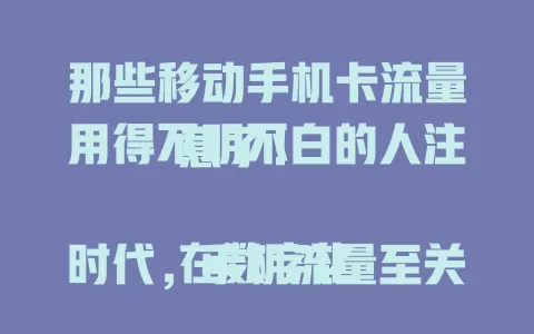 那些移动手机卡流量用得不明不白的人注意了！

在数字化时代，手机流量至关重要，不少移动用户流量使用不明。如何准确查询移动手机卡流量？可打客服热线、用官方APP或发查询短信，掌握方法，明明白白用流量。