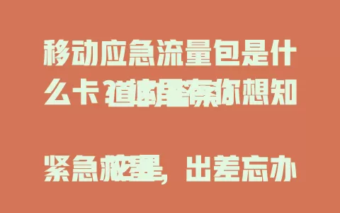 移动应急流量包是什么卡？这里有你想知道的答案！

它是紧急救星，出差忘办套餐、偏远地区流量不足都不怕。与普通卡不同，灵活临时按需办。办理便捷，费用清晰，能让你从容应对流量问题，赶紧来了解！