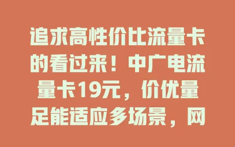 追求高性价比流量卡的看过来！中广电流量卡19元，价优量足能适应多场景，网络质量有保障，偏远地区也能畅享，性价比超高，值得考虑！