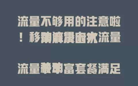 流量不够用的注意啦！移动流量卡大流量来解决困扰

移动流量卡丰富套餐满足多样需求，追剧、上网课、办公都不愁。网络超稳，无论在哪，大流量助你畅享数字生活，开启精彩移动新篇章