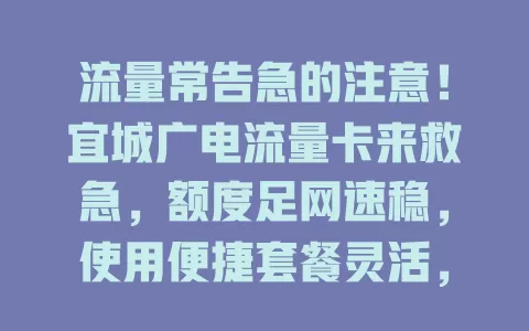 流量常告急的注意！宜城广电流量卡来救急，额度足网速稳，使用便捷套餐灵活，出差无忧，告别流量烦恼