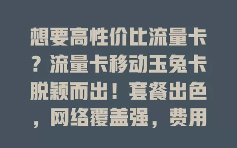 想要高性价比流量卡？流量卡移动玉兔卡脱颖而出！套餐出色，网络覆盖强，费用亲民，办理简便，给你全新网络体验！
