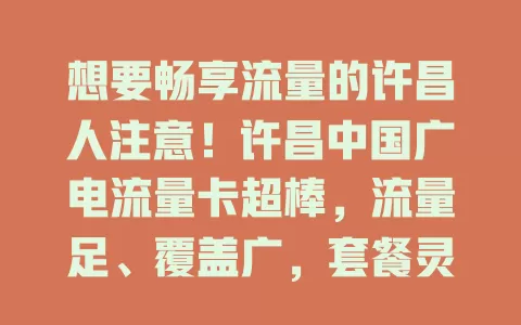 想要畅享流量的许昌人注意！许昌中国广电流量卡超棒，流量足、覆盖广，套餐灵活，学生上班族都能用，助你开启畅快上网之旅