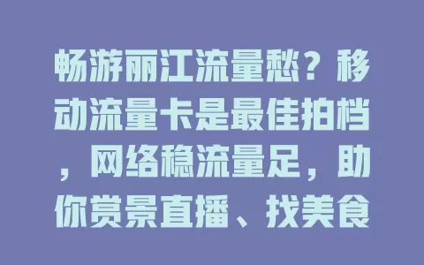 畅游丽江流量愁？移动流量卡是最佳拍档，网络稳流量足，助你赏景直播、找美食导航，留完美回忆