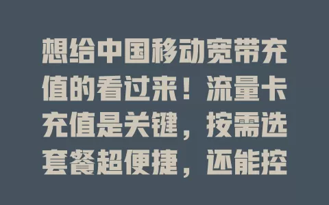 想给中国移动宽带充值的看过来！流量卡充值是关键，按需选套餐超便捷，还能控成本，选卡关注这些因素，畅享网络便利