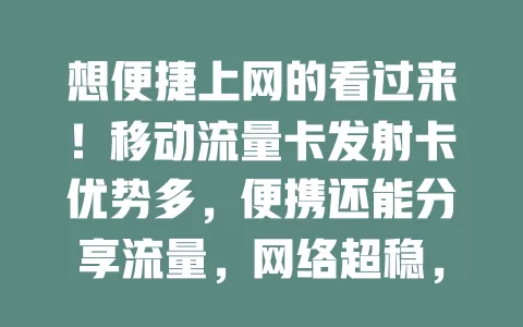 想便捷上网的看过来！移动流量卡发射卡优势多，便携还能分享流量，网络超稳，办公娱乐超轻松