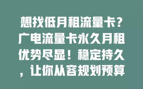 想找低月租流量卡？广电流量卡永久月租优势尽显！稳定持久，让你从容规划预算，长期用网无忧，简单生活更省心，是优质之选，快来关注！
