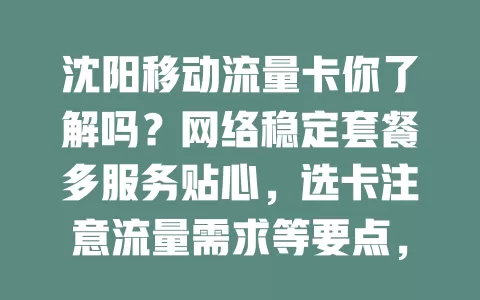 沈阳移动流量卡你了解吗？网络稳定套餐多服务贴心，选卡注意流量需求等要点，畅享网络便利