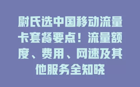尉氏选中国移动流量卡套餐要点！流量额度、费用、网速及其他服务全知晓