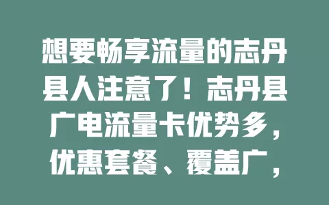 想要畅享流量的志丹县人注意了！志丹县广电流量卡优势多，优惠套餐、覆盖广，还适配本地习惯，助你融入数字世界，畅享便捷精彩网络生活