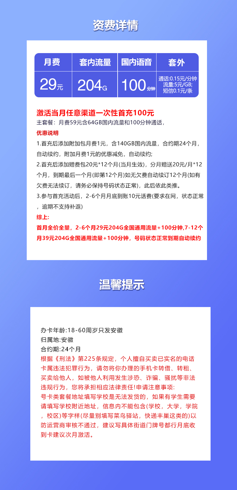 联通安徽专用卡29元/月：204G流量+100分钟通话（第7个月起39元月租，长期套餐，仅发安徽省内）