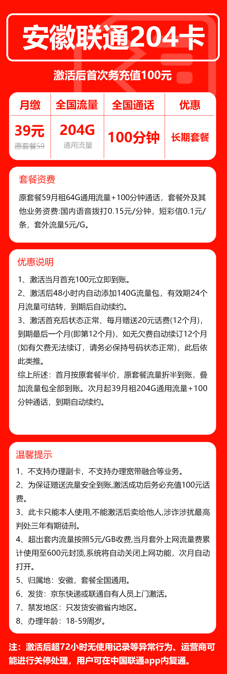 联通安徽省内204卡39元/月：204G流量+100分钟通话（长期套餐，仅发安徽省内）