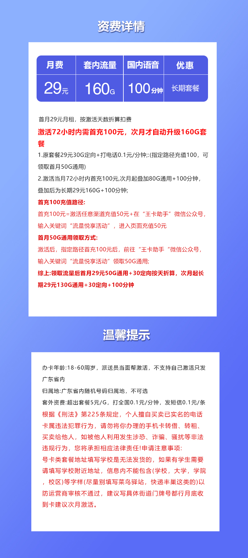 联通广东省内专用卡②29元/月：160G流量+100分钟通话（长期套餐，仅发广东省内）
