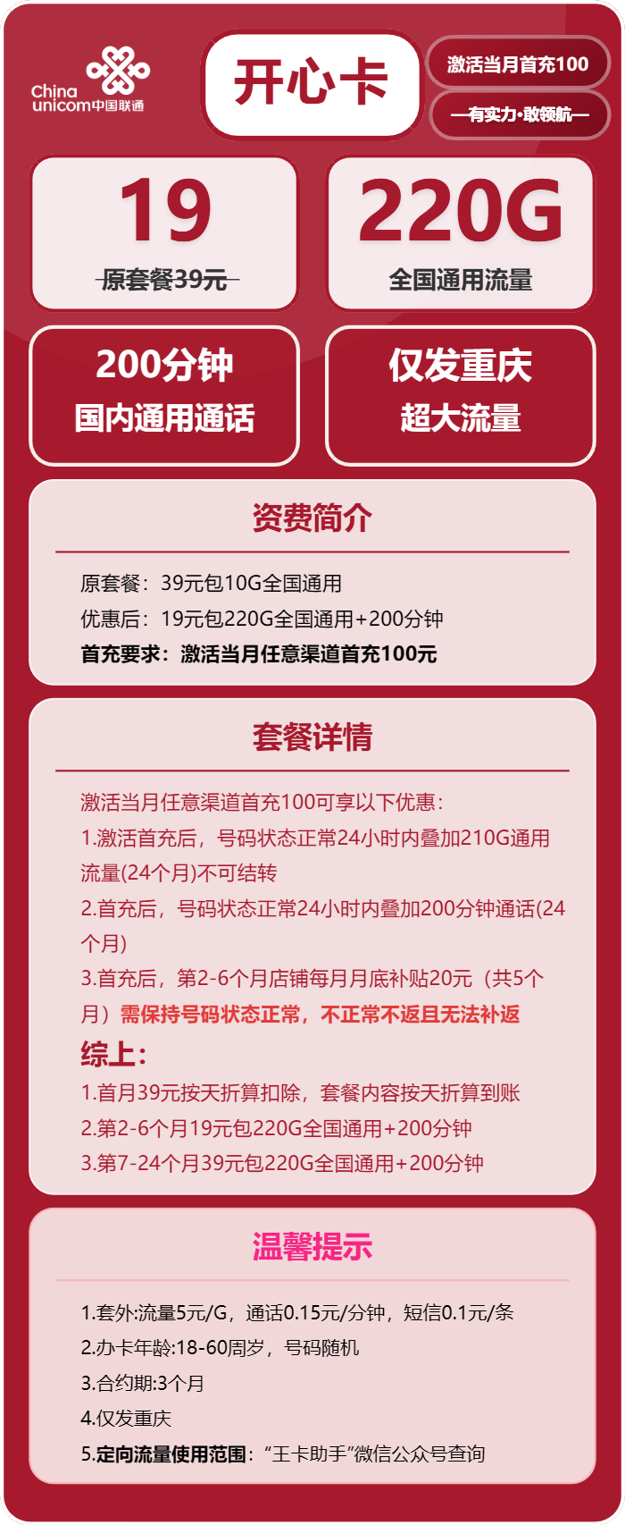 联通开心卡19元/月：220G流量+200分钟通话（第7个月起39元月租，2年套餐，仅发重庆市内）
