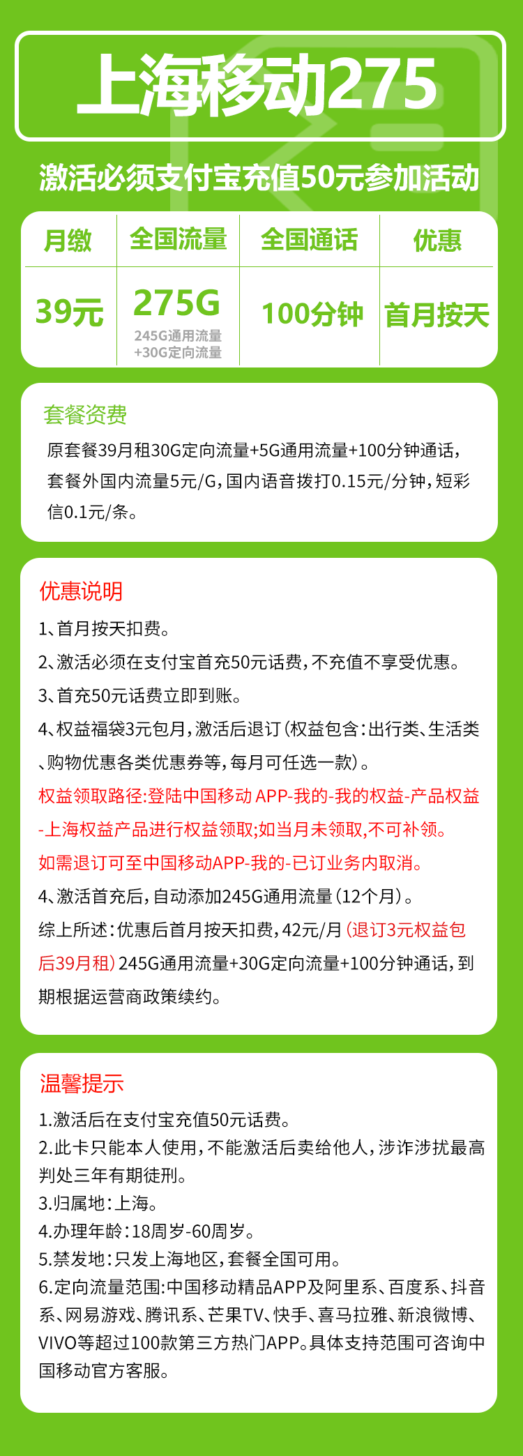 移动上海省内275卡②39元/月：275G流量+100分钟通话（仅发上海市内，可选号）