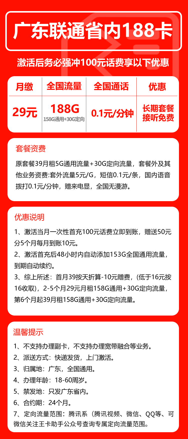 联通广东省内188卡②29元/月：188G流量+通话0.1元/分钟（第6个月起39元月租，长期套餐，仅发广东省内，可选号）