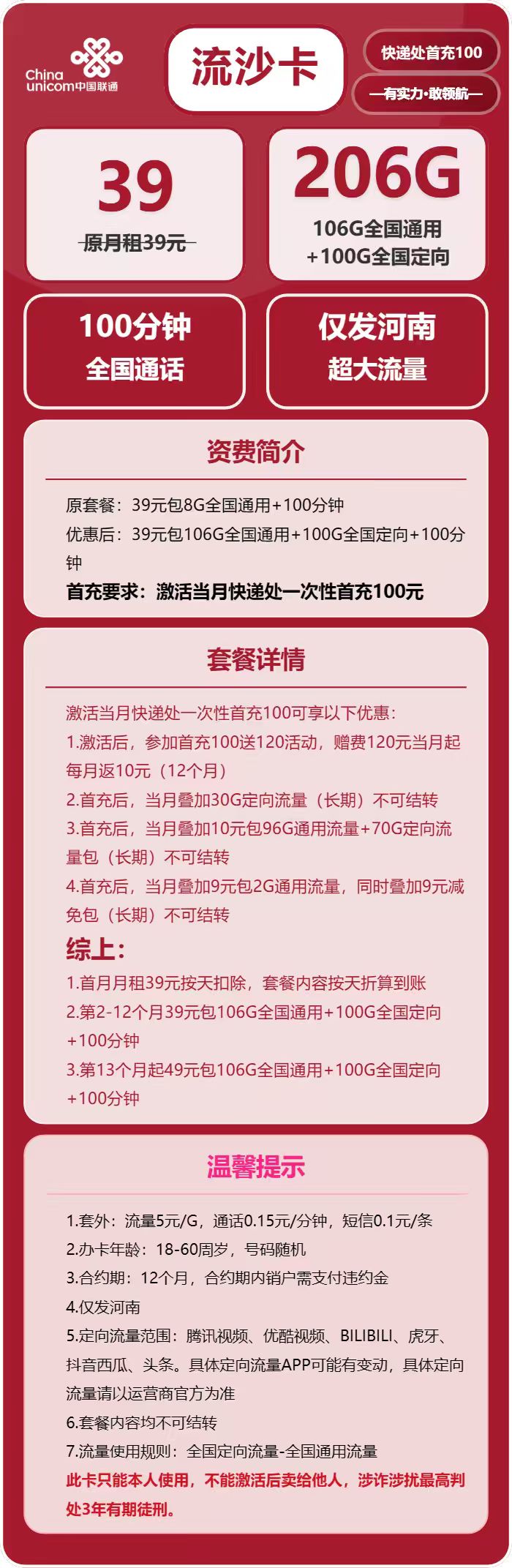 联通流沙卡39元/月：206G流量+100分钟通话（第13个月起39元月租，长期套餐，仅发河南省内）