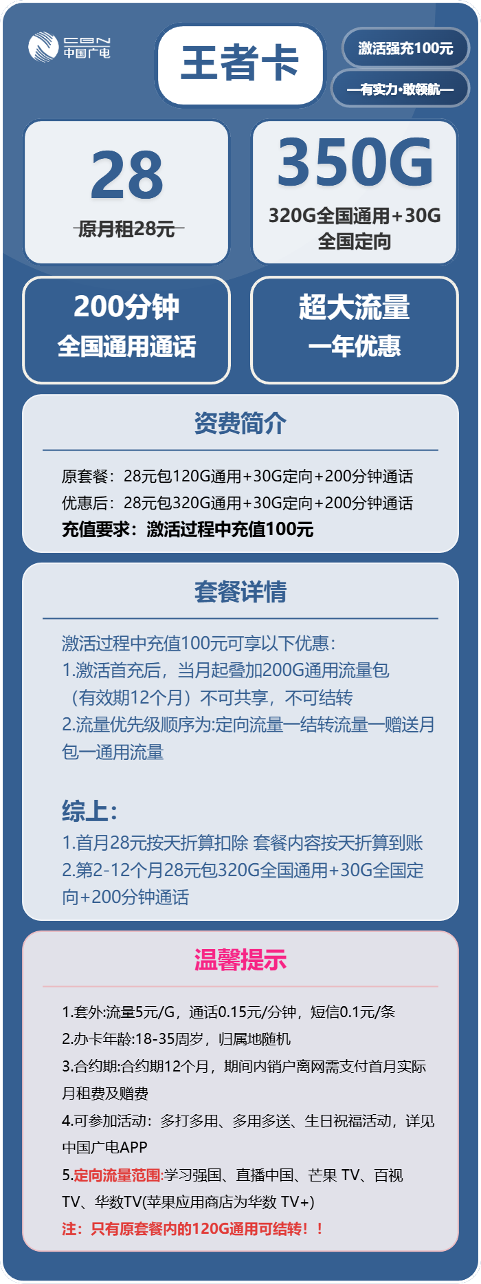 广电王者卡28元/月：350G流量+200分钟通话