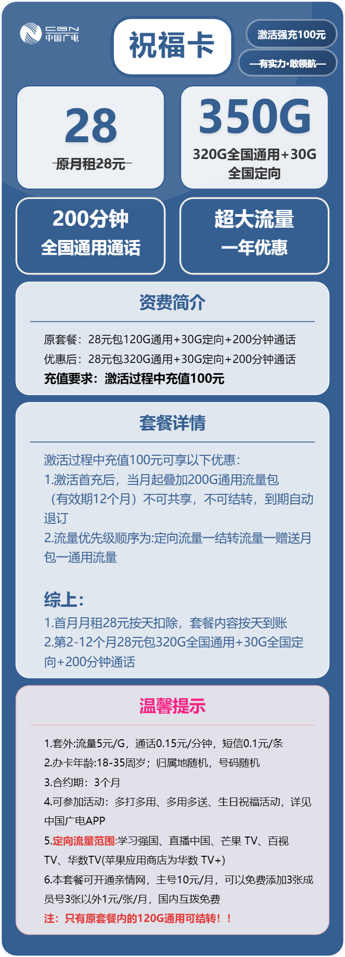 广电祝福卡28元/月：350G流量+200分钟通话