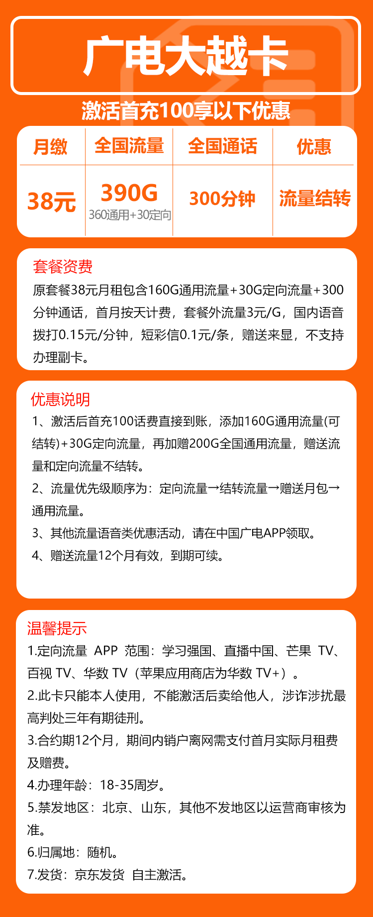 广电大越卡⑤38元/月：390G流量+300分钟通话（长期套餐，流量可结转）