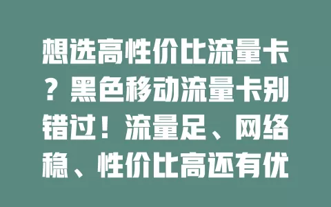 想选高性价比流量卡？黑色移动流量卡别错过！流量足、网络稳、性价比高还有优质服务，助你畅享精彩网络生活