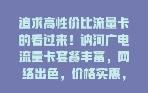 追求高性价比流量卡的看过来！讷河广电流量卡套餐丰富，网络出色，价格实惠，办理简便，给你全新网络体验