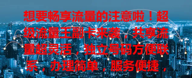 想要畅享流量的注意啦！超级流量王副卡来袭，共享流量超灵活，独立号码方便联系，办理简单，服务便捷，费用超划算，是流量新宠，快来抓住机遇！