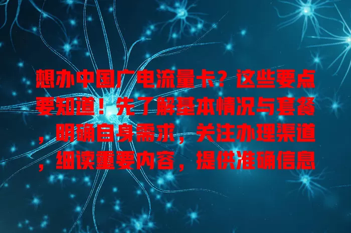 想办中国广电流量卡？这些要点要知道！先了解基本情况与套餐，明确自身需求，关注办理渠道，细读重要内容，提供准确信息，考虑设备兼容性，多因素考量才能办好卡畅享网络