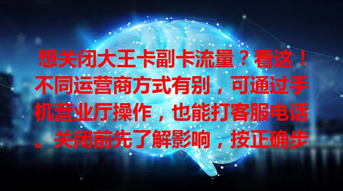 想关闭大王卡副卡流量？看这！不同运营商方式有别，可通过手机营业厅操作，也能打客服电话。关闭前先了解影响，按正确步骤就能轻松搞定