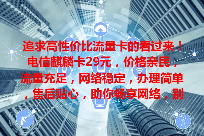 追求高性价比流量卡的看过来！电信麒麟卡29元，价格亲民，流量充足，网络稳定，办理简单，售后贴心，助你畅享网络，别犹豫，赶紧选它开启畅快之旅！