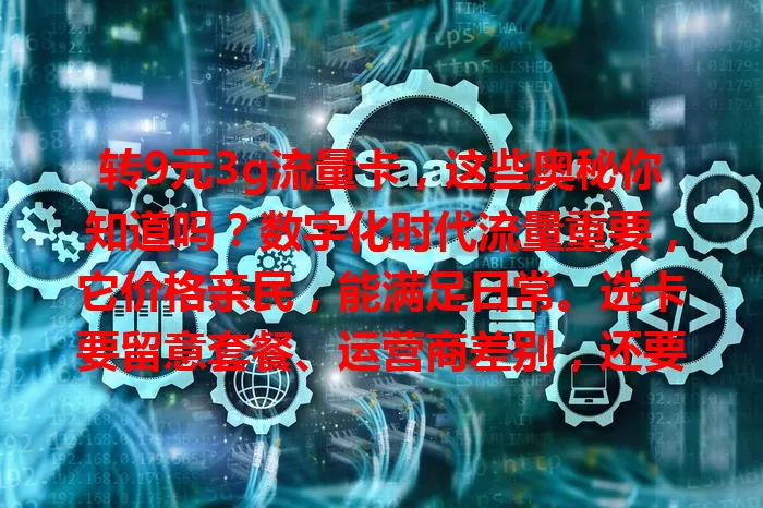 转9元3g流量卡，这些奥秘你知道吗？数字化时代流量重要，它价格亲民，能满足日常。选卡要留意套餐、运营商差别，还要关注网络稳定性，了解这些才能畅享便利满足上网需求