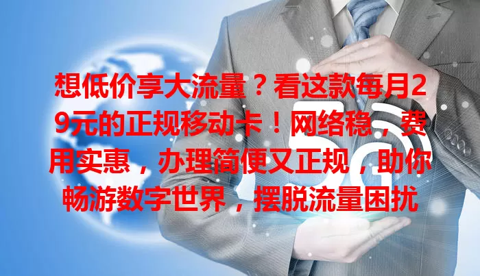想低价享大流量？看这款每月29元的正规移动卡！网络稳，费用实惠，办理简便又正规，助你畅游数字世界，摆脱流量困扰