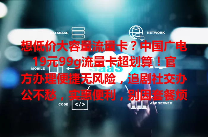 想低价大容量流量卡？中国广电19元99g流量卡超划算！官方办理便捷无风险，追剧社交办公不愁，实惠便利，别因套餐烦恼错过，关注它有惊喜！