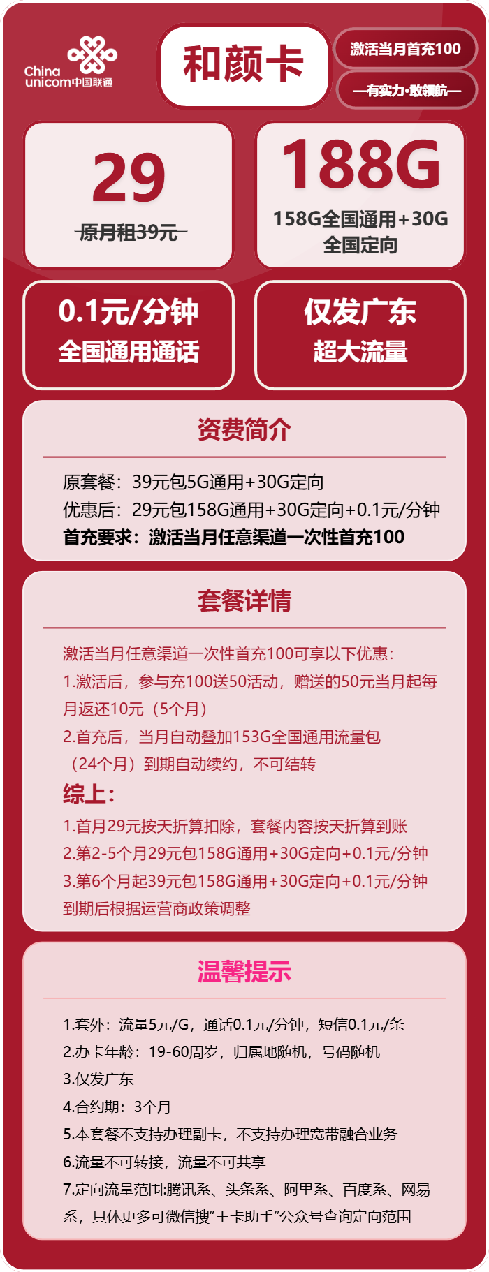 联通和颜卡29元/月：188G流量+通话0.1元/分钟（第7个月起39元月租，长期套餐，仅发广东省内）