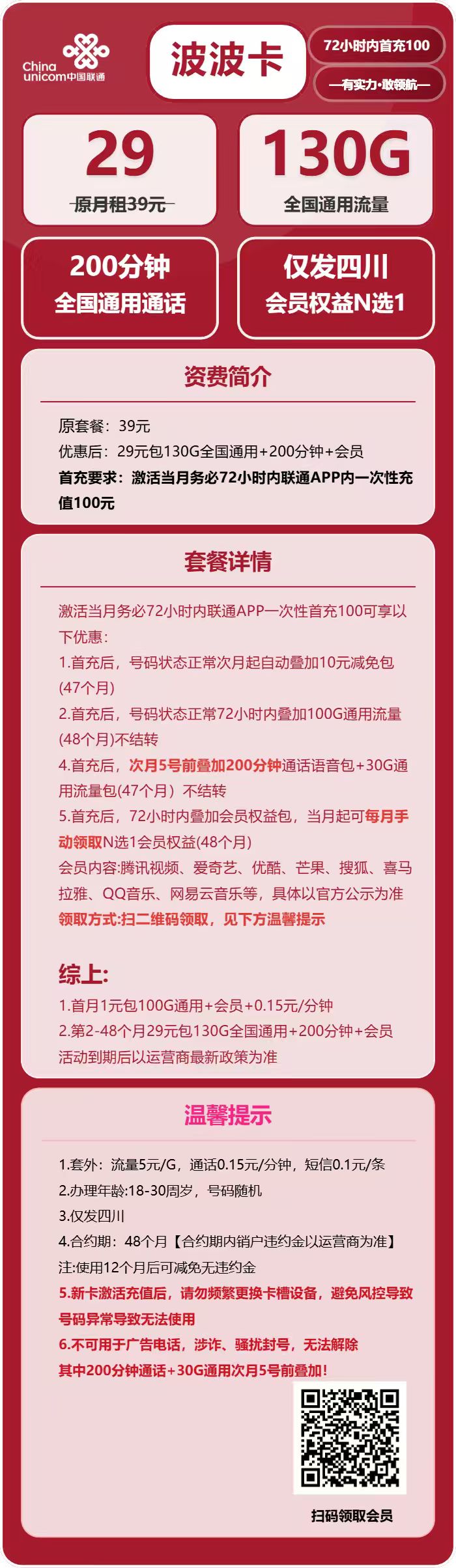 联通波波卡29元/月：130G流量+200分钟通话+会员（4年套餐，送4年视频会员，仅发四川省内）